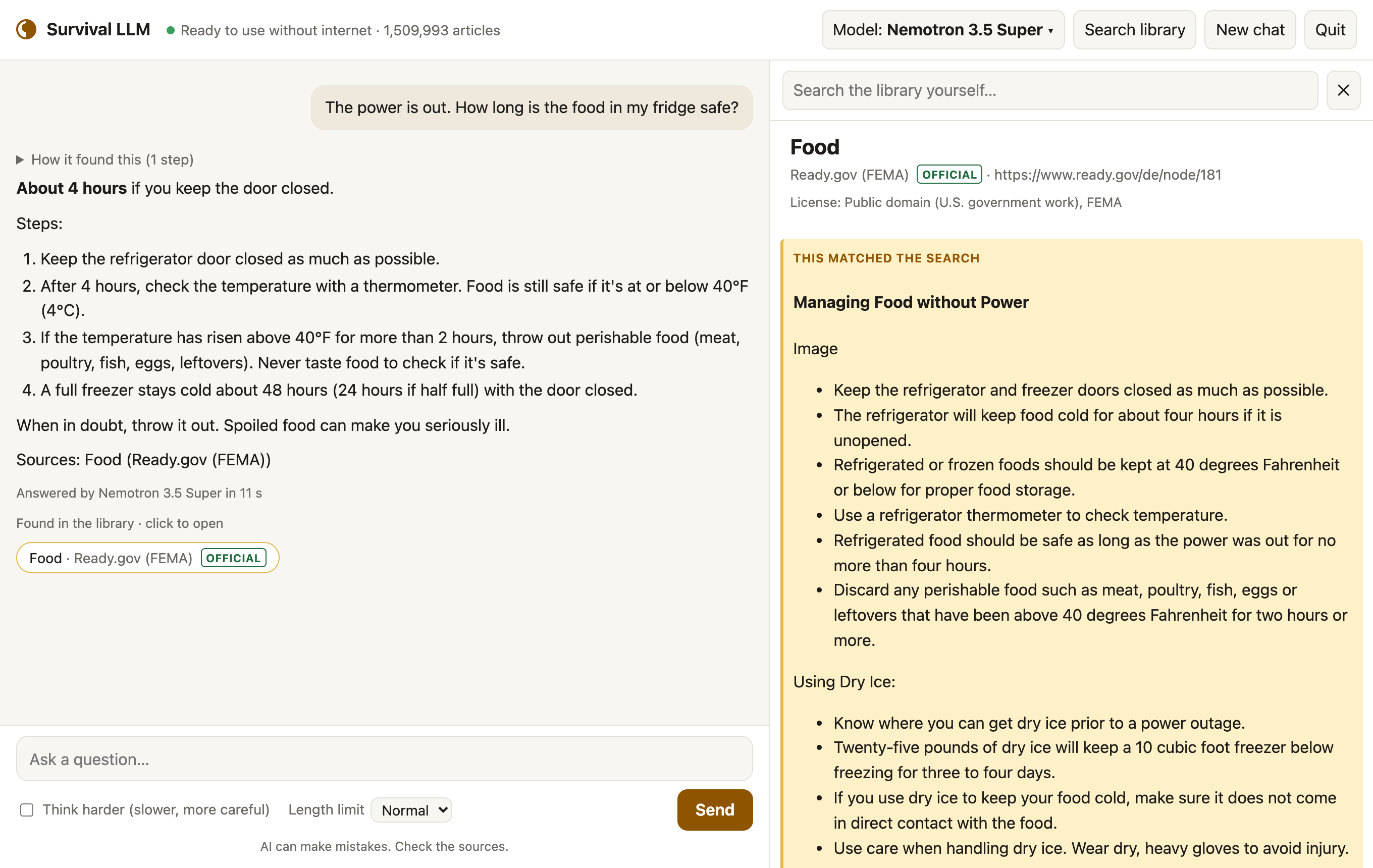 Survival LLM answering a question about fridge food safety, with the cited Ready.gov article open beside it